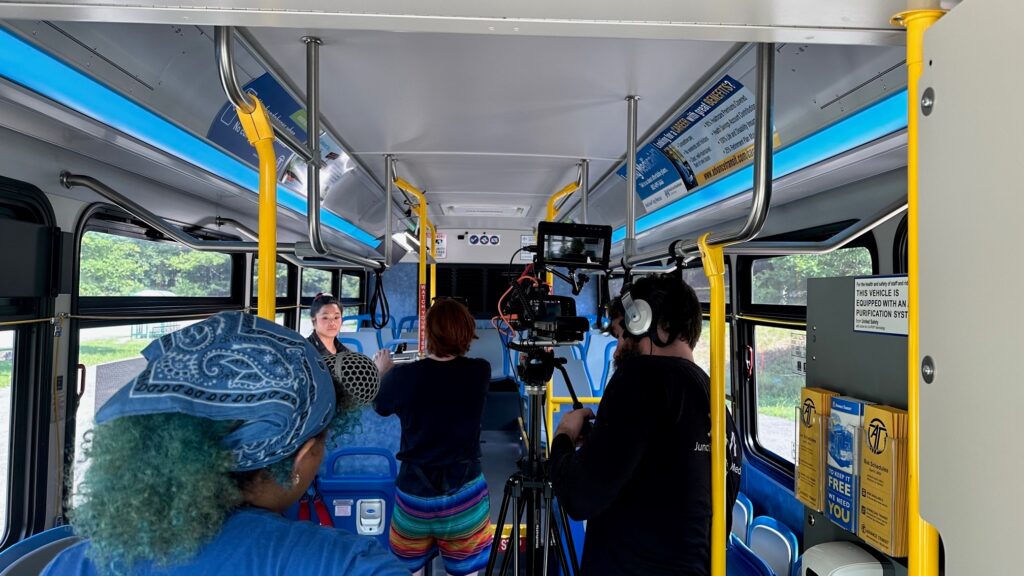 Filming on a bus