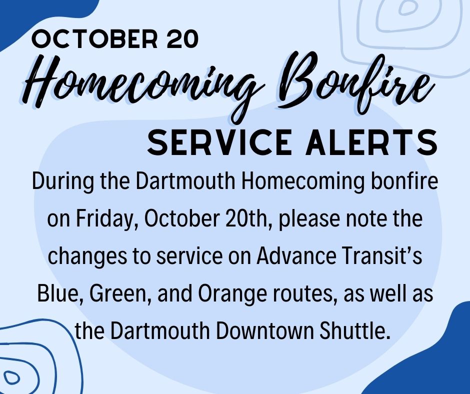 Service changes during October 20th Dartmouth Homecoming bonfire